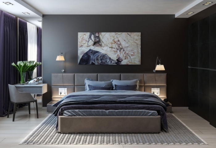 modèle aménagement de chambre parentale dans style moderne avec murs gris et plafond suspendu, modèle de lit kingsize avec tête de lit grise