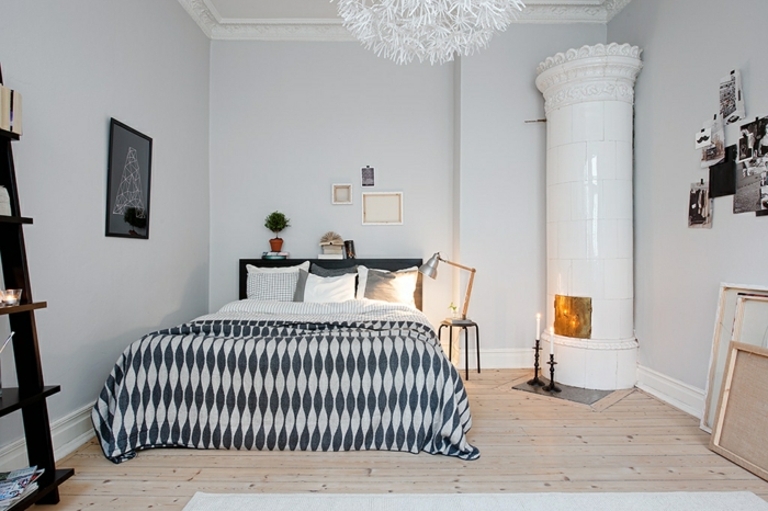 deco chambre blanche, une chambre scandinave, poêle blanc, sol en planches de bois, échelle rustique décorative