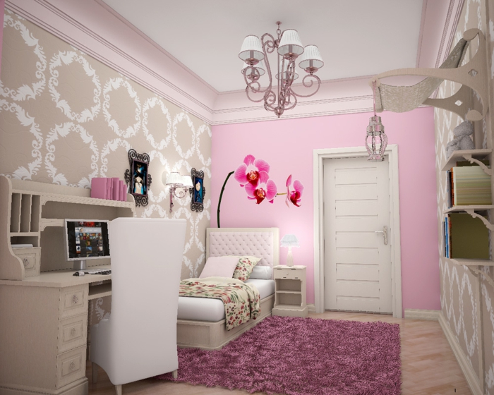 comment décorer sa chambre avec un mur rose, un mur en beige avec des arabesques blanches, luminaire avec six mini-abat-jours blancs, tapis en fuchsia, lit avec tete de lit matelassée en rose pale 