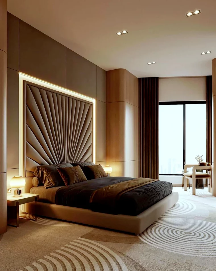 chambre moderne et chic dans les tones beiges et marrons tendance 2024