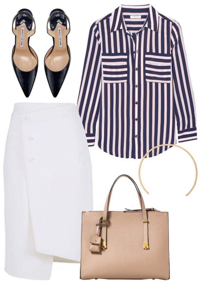 accessoires et pièces à porter ensemble pour un entretien, jupe mi-longue à design asymétrique blanche avec chemise rayée