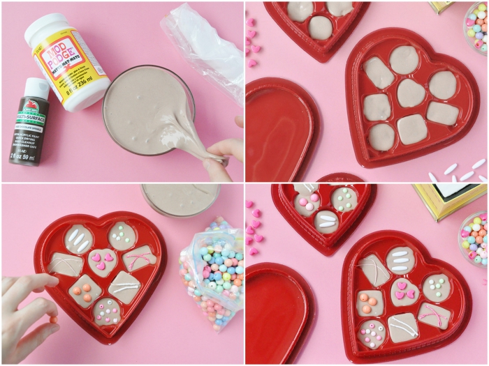 cadeau de saint-valentin insolite à réaliser soi-même, une jolie boîte cœur de bonbons en pate slime recette maison 