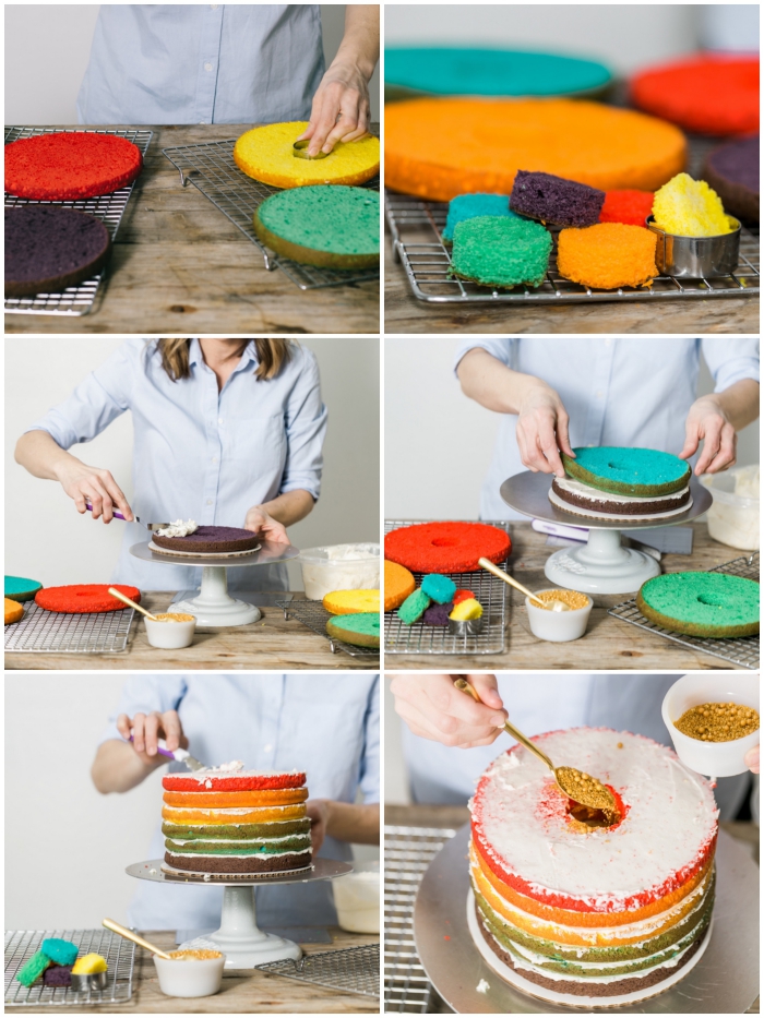 comment faire un gâteau arc-en-ciel à plusieurs couches de génoise multicolore avec un surprise gourmand à l'intérieur