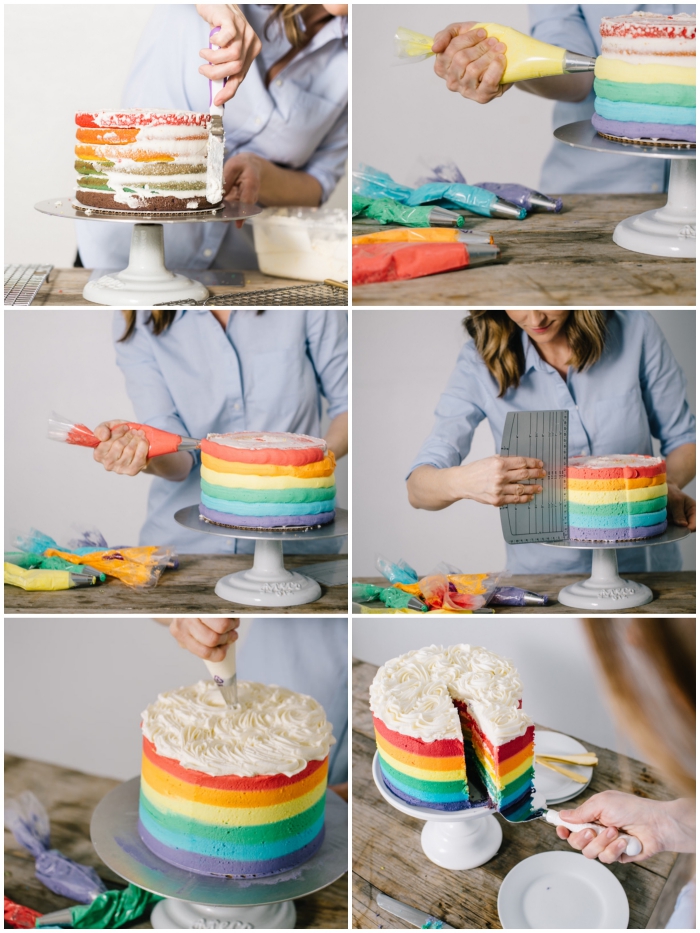 les étapes de préparation d'un gâteau arc-en-ciel à plusieurs couches de génoise multicolore avec un surprise gourmand à l'intérieur