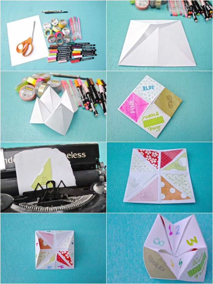 comment faire une cocotte origami personnalisée, une cocotte origami décoré avec des papiers à motifs imprimés et un texte écrit à la machine à écrire
