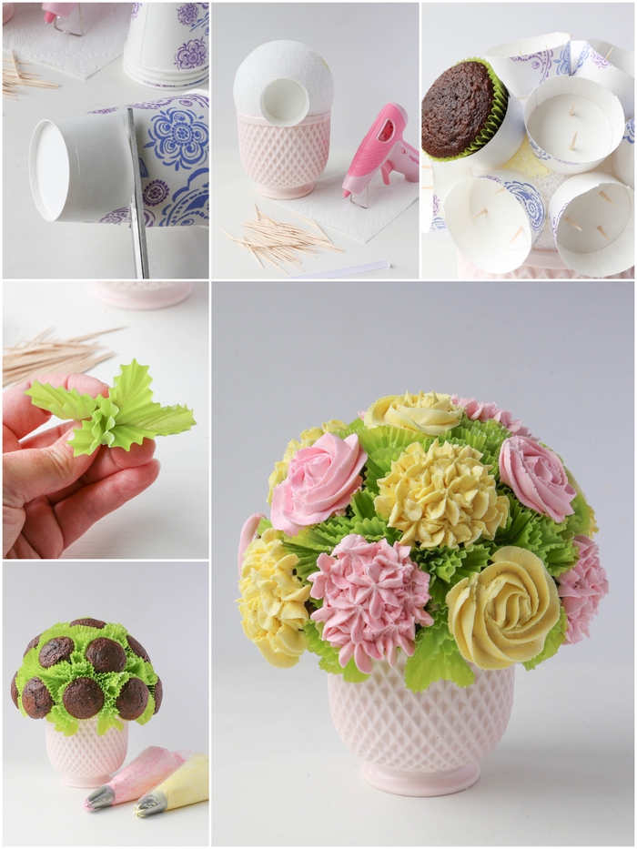 comment réaliser un bouquet insolite de cupcakes en forme de fleurs au glaçage rose et jaune, activite fete des meres pour réaliser un cadeau gourmand personnalisé