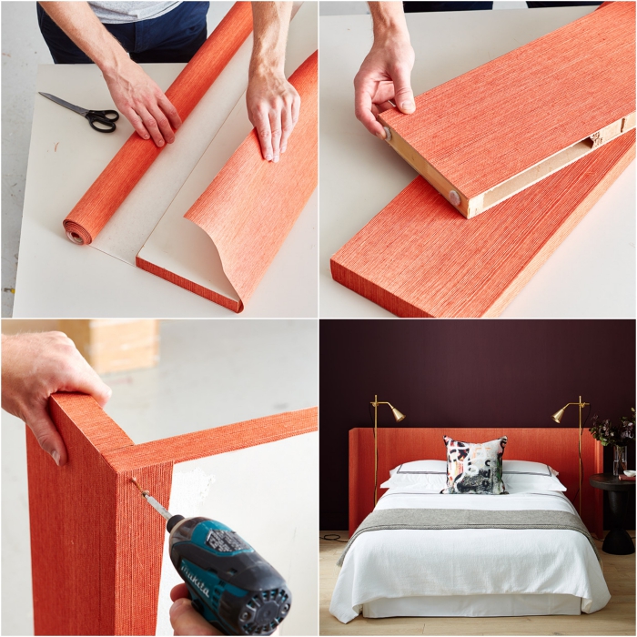 idée de déco récup dans la chambre à coucher, une tete de lit papier peint tendance réalisée à partir d'une porte récupérée et quelques lés de papier peint