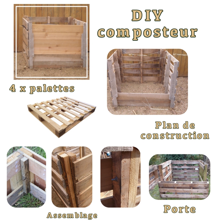 tutoriel avec les matériaux et les étapes à suivre pour fabriquer son composteur en palettes de bois et grillage carré
