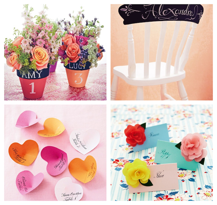 marque-place mariage, plusieurs exemples originaux, pot de fleurs, chaise décorée de peinture ardoise, coeurs en papier et simple étiquette nom avec fleur décorative