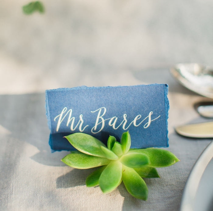 porte nom de table en fleur succulent avec étiquette en tissu noir et lettres nom invité blanches, nappe en toile de bache