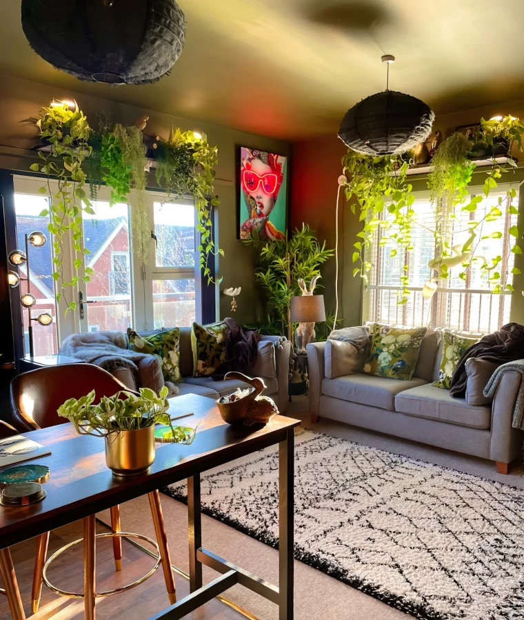 deco style ethnique peinture murale verte plante retombante interieur canape gris