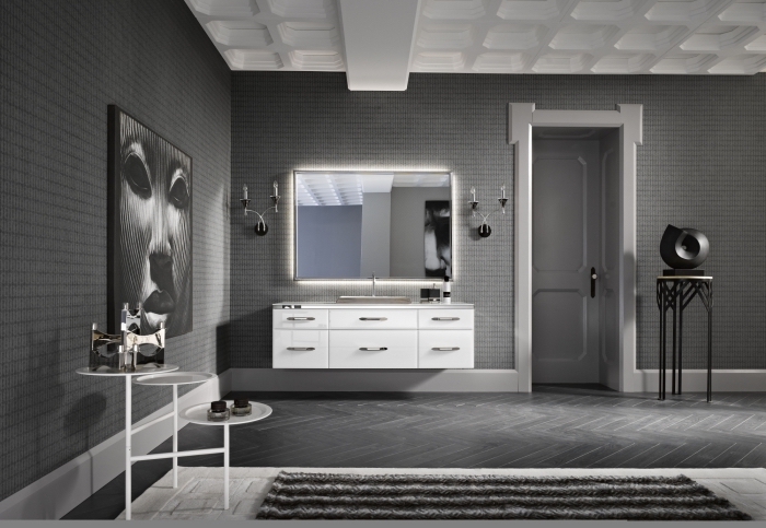 meuble armoire blanche et table ronde noire comme une idée quelle couleur associer au gris dans la déco du salon ou de la salle de bain