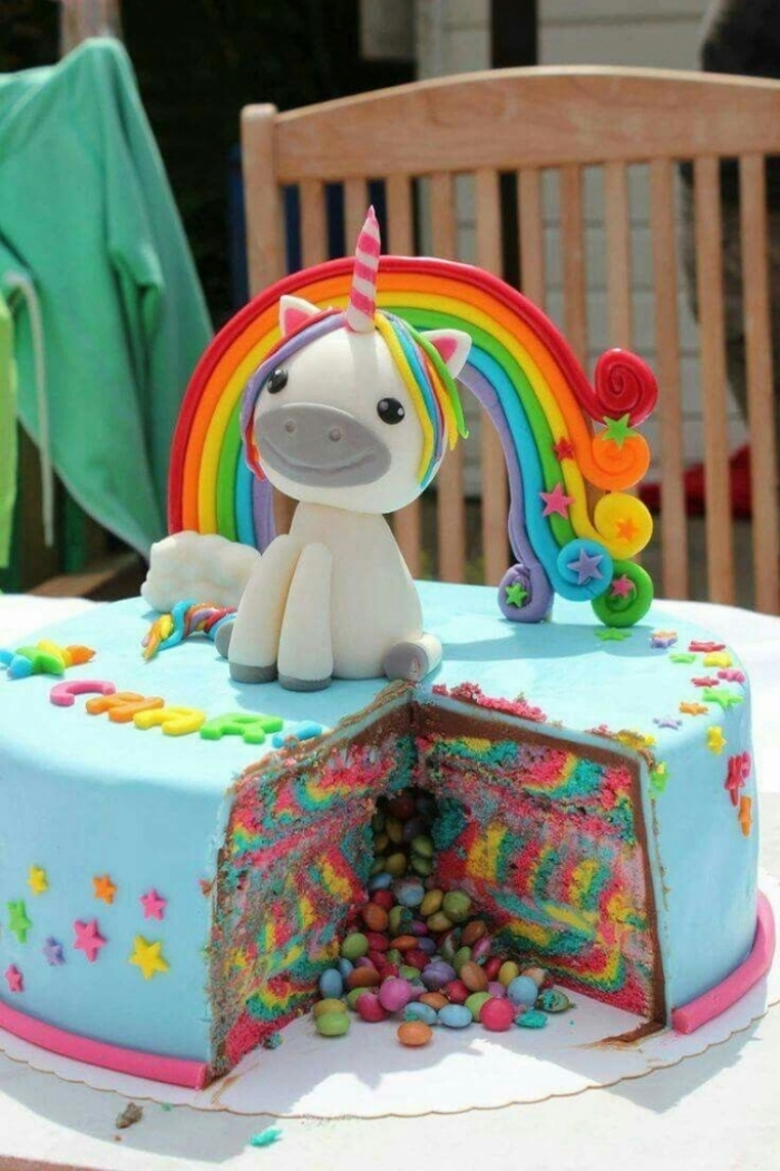 fêtez un anniversaire licorne inoubliable avec un gâteau arc en ciel marbré recouvert de pâte à sucre et décoré avec une licorne modelée en pâte à sucre