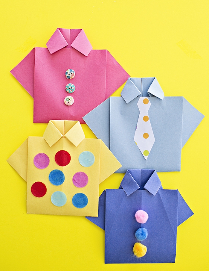 carte fête des pères maternelle en chemise de papier décoré de petits pompons, boutons et papier coloré