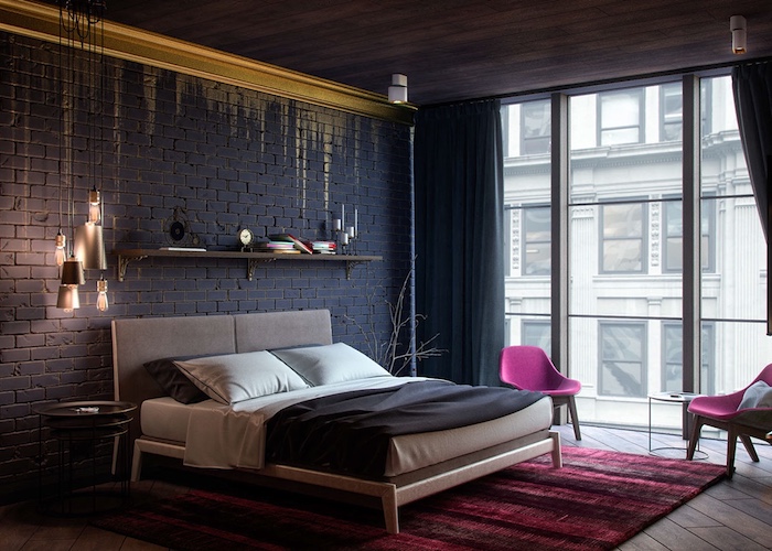 exemple de déco style industriel dans la chambre à coucher avec mur de briques noires, lit gris décoré de linge gris et blanc, tapis et chaises mauve