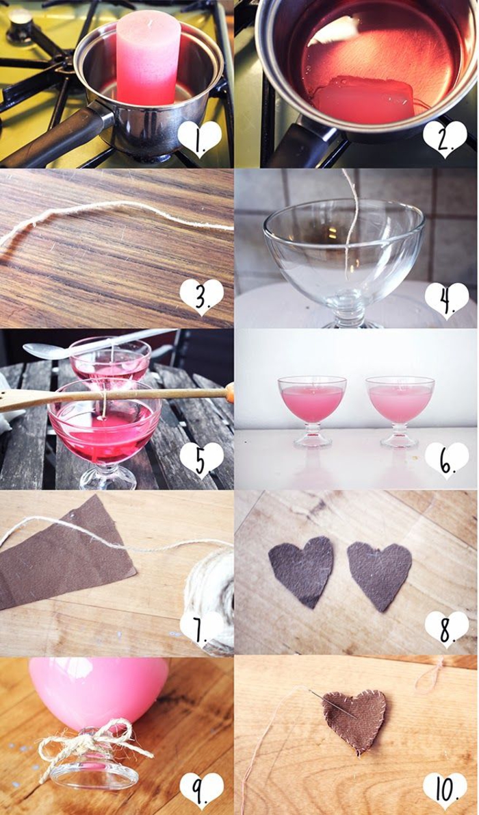 comment réaliser une bougie dans un verre à pied personnalisée avec une étiquette diy en forme de coeur, idée orignal de bricolage fete des meres 