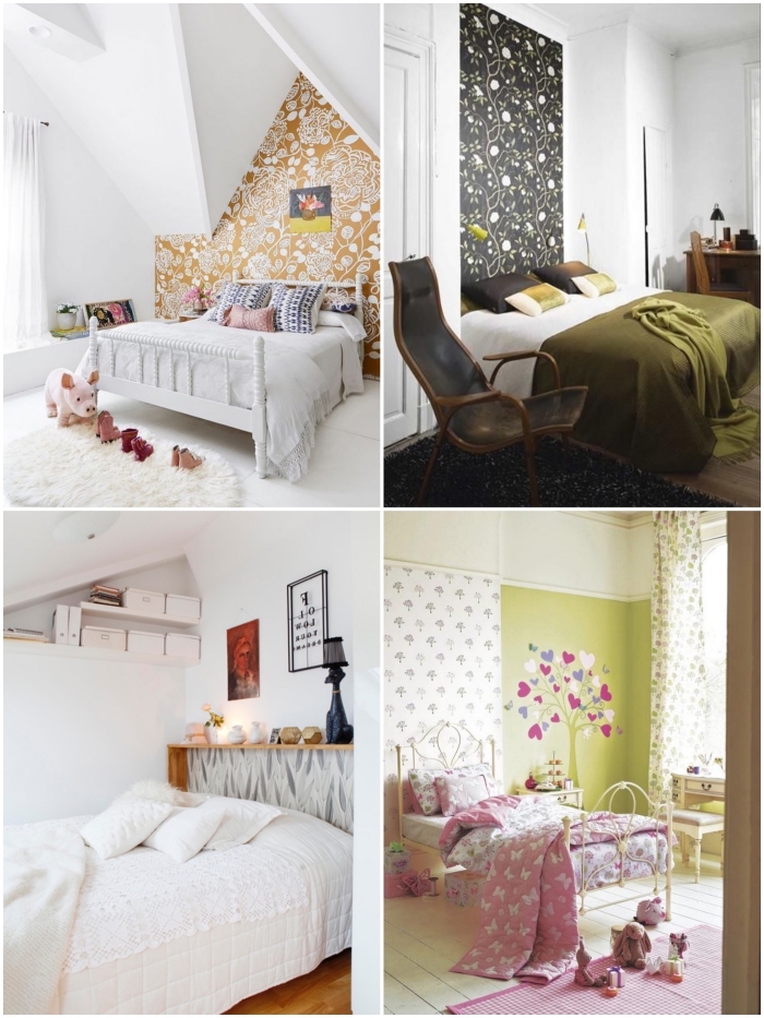 quelques idées originales pour décorer une chambre à coucher à petit budget, comment faire une tete de lit en papier peint