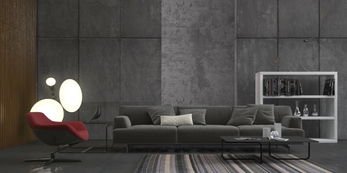 modèle de peinture gris anthracite dans un salon moderne aménagé avec canapé gris et meuble rangement blanc