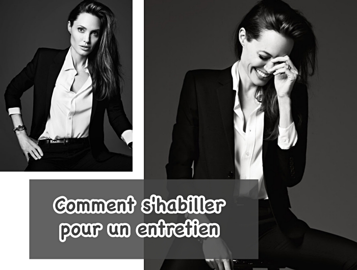 conseils et idées pour réussir son style vestimentaire femme au travail, Angelina Jolie en tailleur noir et chemise blanche