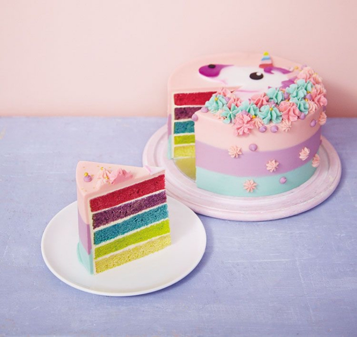 un gateau arc en ciel original pour célébrer un anniversaire sur le thème licorne, un joli rainbow cake au glaçage en couleurs pastel décoré d'une tête de licorne en pâte à sucre et des fleurs en glaçage