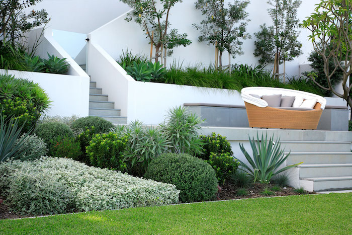 exemple de gazon vert, avec bordure d arbustes et autres végétaux bas, terrasse en pente avec canapé en rotin décoré de coussins gris et blancs