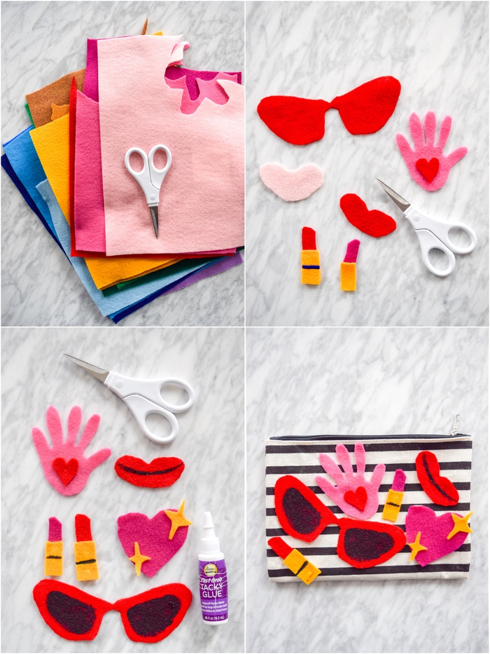idée cadeau fête des mères a fabriquer soi-même, jolie trousse à rayures personnalisée avec des emojis girly en feutre