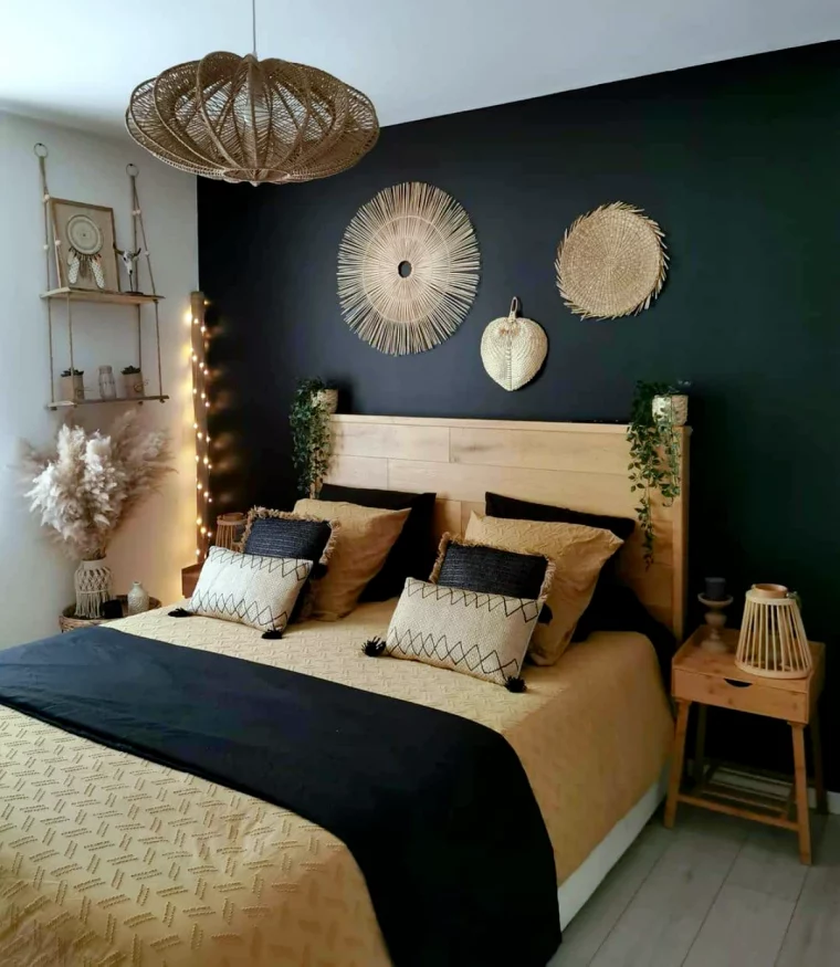 idees de chambres boheme chic dans les couleurs sombres sur le mur