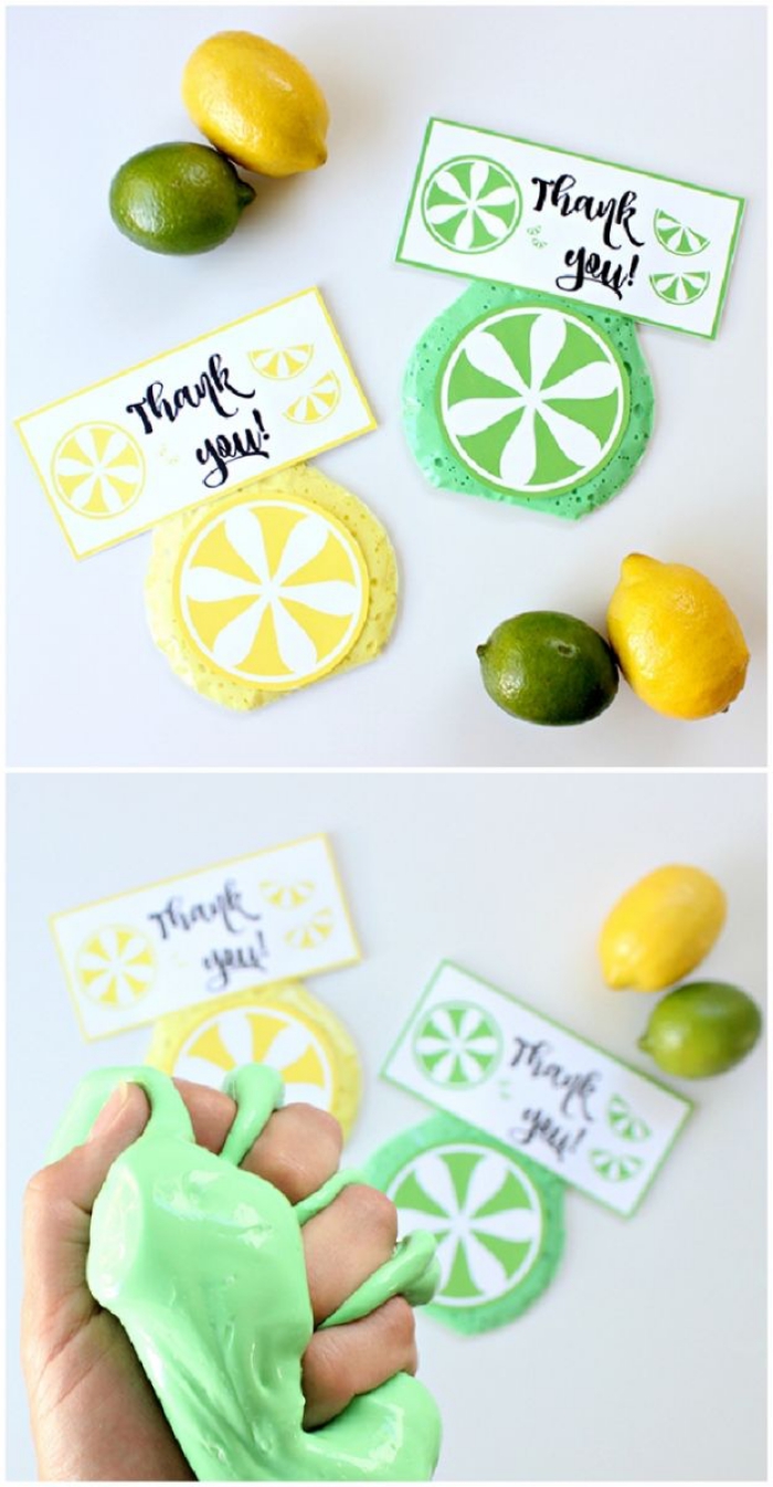 recette slime vert et jaune pour faire des cadeaux d'invités en forme de tranches de citron et de lime
