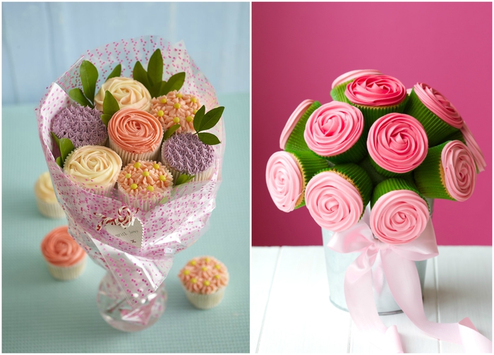 idée originale pour un bouquet insolite pas comme les autres composé de cupcakes en forme de fleurs, idee cadeau fete des mere pour célébrer la fête en toute gourmandise