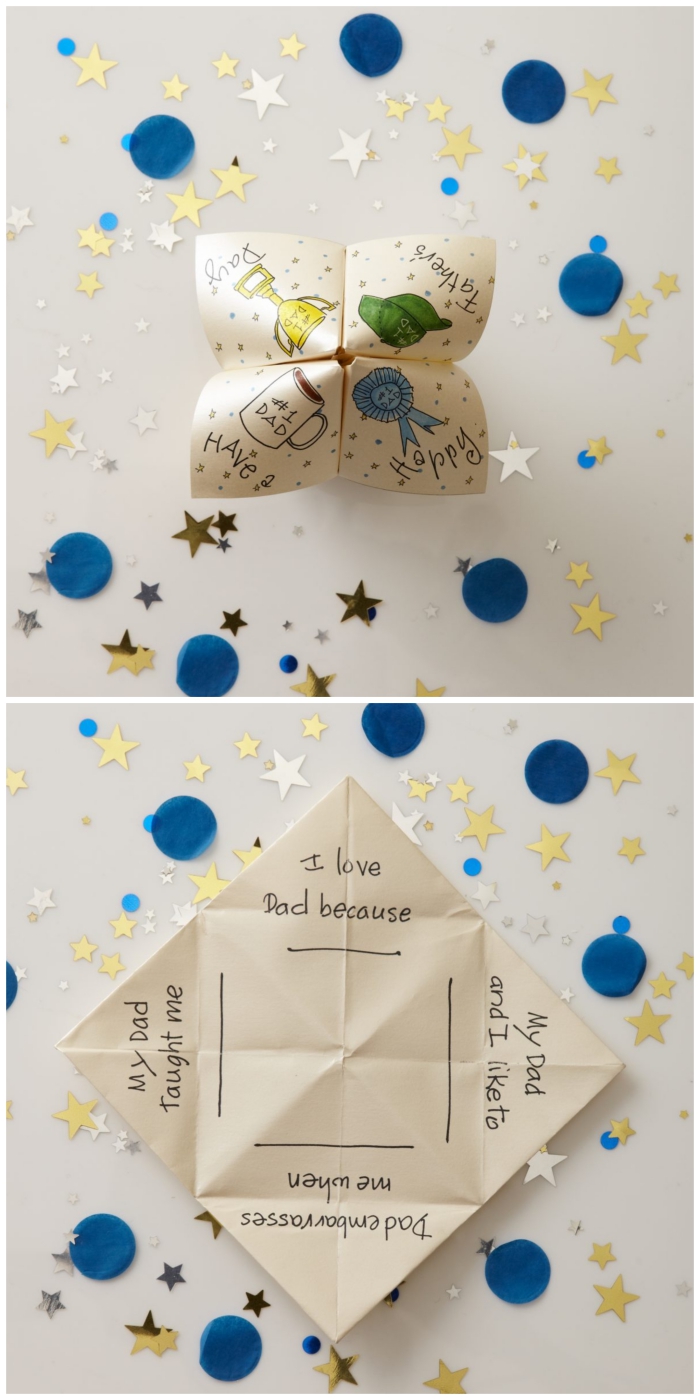idée de cadeau original pour la fête des pères, une cocotte papier personnalisée avec des messages à compléter