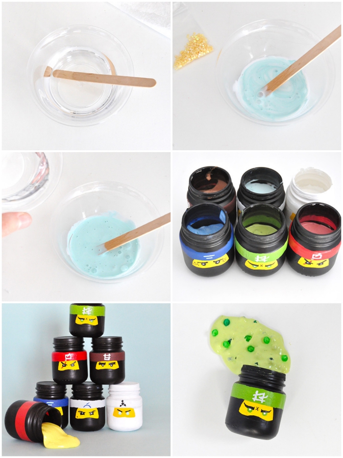 recette slime à faire soi-même pour un anniversaire sur le thème lego ninjago, des cadeaux d'invités en pots de verre personnalisés