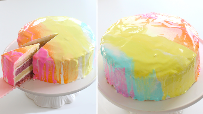 recette de gateau cake dôme au glaçage miroir tendance en couleurs tropicales et à effet aquarelle
