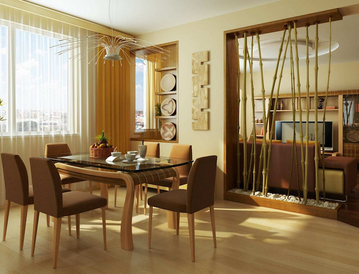idée pour séparer cuisine ouverte du salon avec branches de bambou en vertical