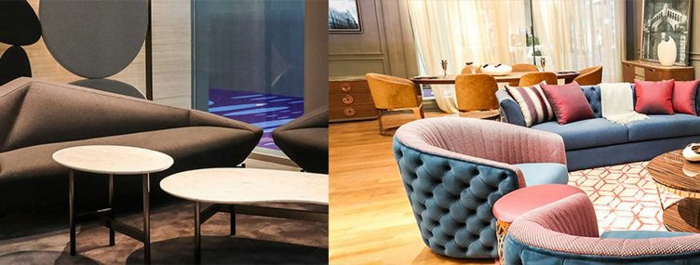 salon en gamme moderne pour 2018, tables basses, fauteuils en rose et bleu