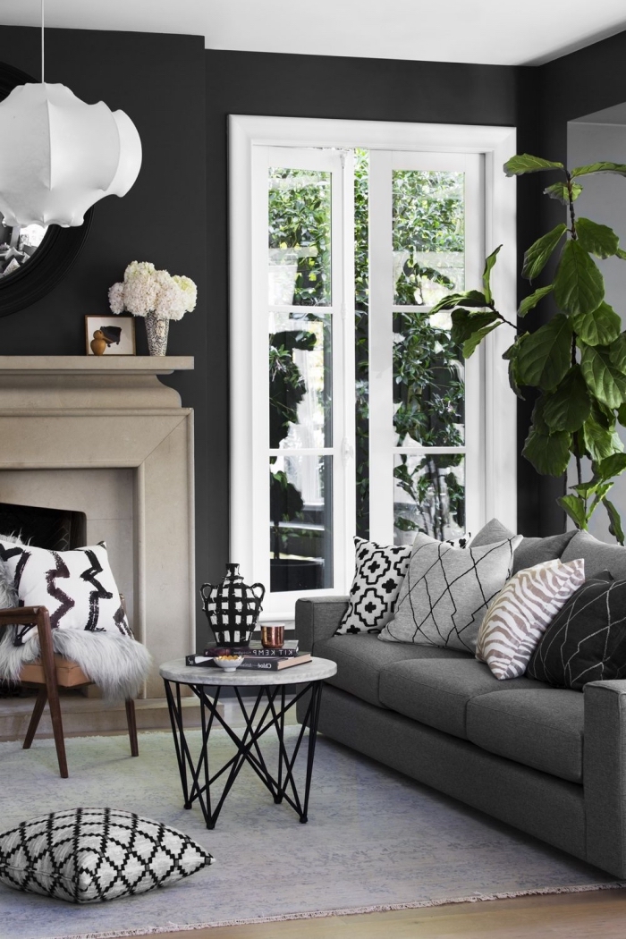 salon au plafond blanc et murs foncés avec grandes fenêtres aménagé avec meubles moderne et cheminée