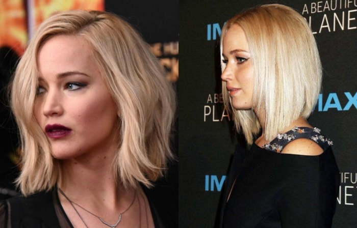 coupe cheveux carré plongeant de Jennifer Lawrence, carré wavy super féminin et carré lisse stricte sans frange