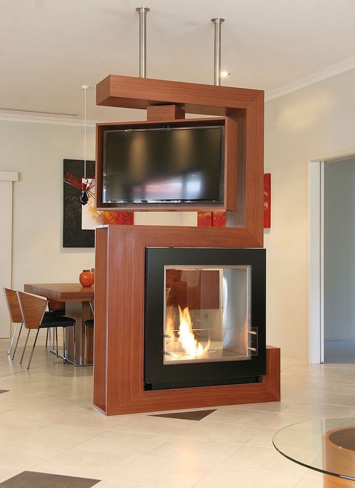 meuble séparateur de piece salon design avec support tv et cheminée 