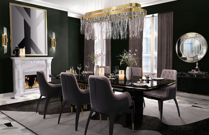 ensemble salle à manger moderne luxe avec déco noire et or sur tapis noir et gris