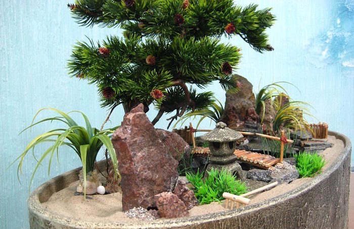 jardin chinois miniature de déco avec pont temple et plantes