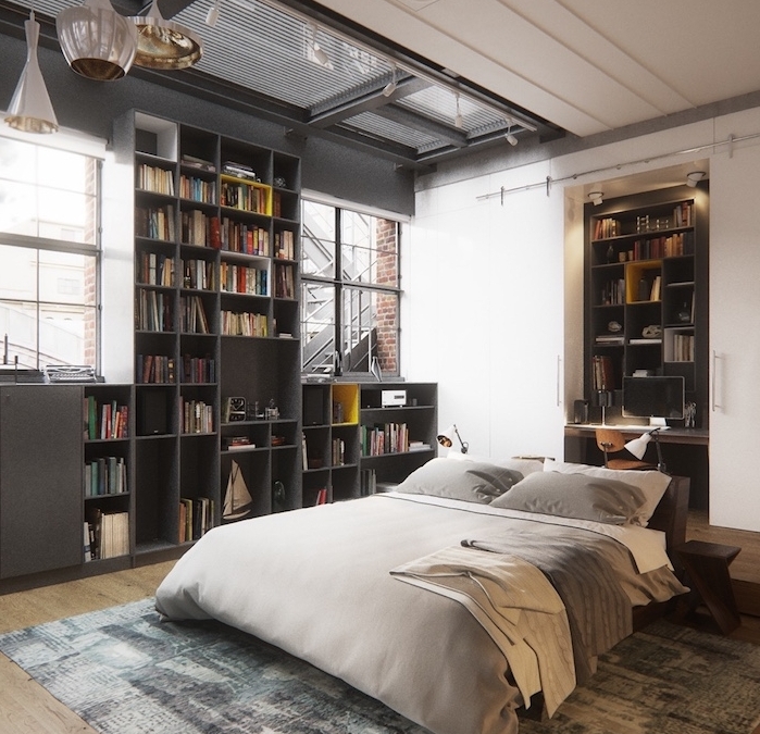 deco industrielle chic avec bibliothèque gris anthracite, linge de lit et tapis gris, parquet bois clair, suspensions originales