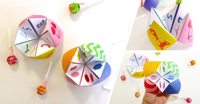idée d'activité amusante et créative pour occuper les enfants et faire sourire les grands, modèle de cocotte en papier multicolore avec des chiffres et des fruits colorés