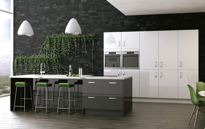 cuisine moderne en blanc et gris avec décoration végétale sur mur gris en pierre, modèle de cuisine avec îlot central