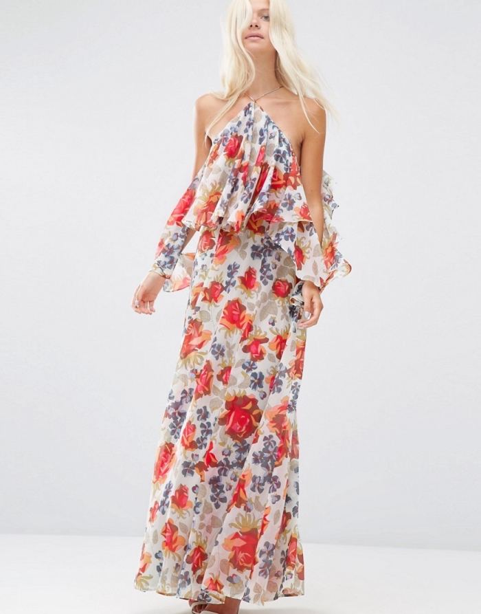 modèle de robe longue avec top en couches et col asymétrique, vêtement de plage pour femme à design floral