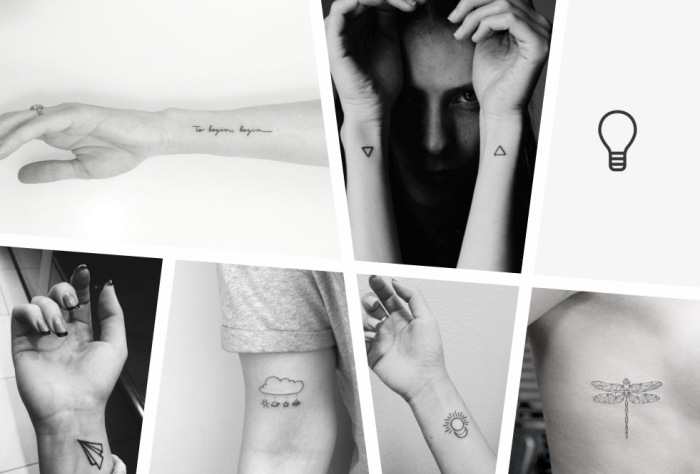 symboles et motifs variés pour tatouage poignet minimaliste, lettres cursives minuscules sur la main féminine