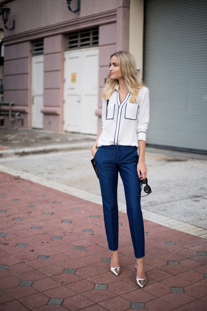 idée superbe pour une tenue professionnel de style casual chic avec pantalon bleu foncé et chemise blanche