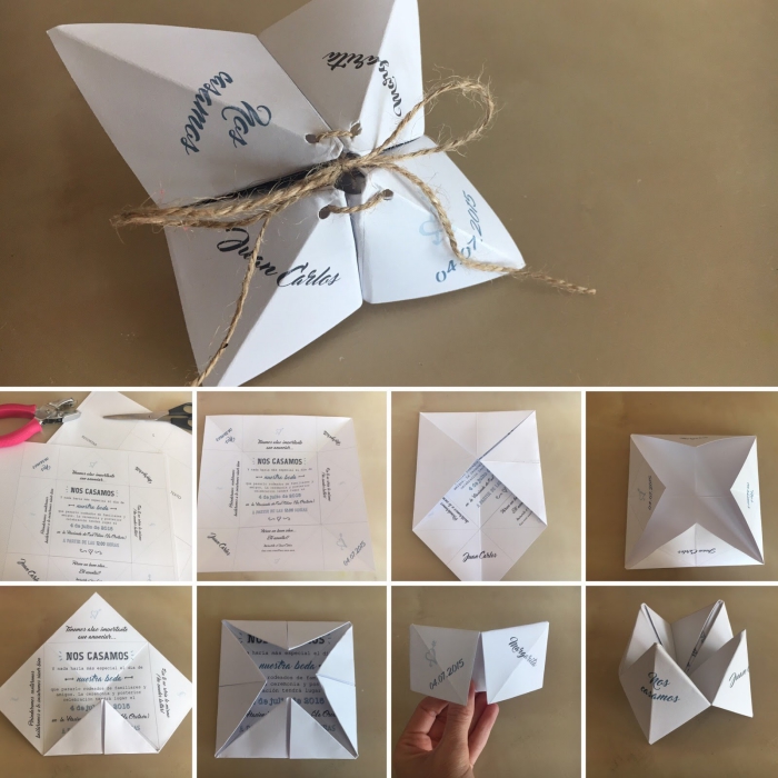 papeterie de mariage vintage sur le thème d'origami, joli faire-part de mariage en forme de cocotte vintage à ficelle de lin