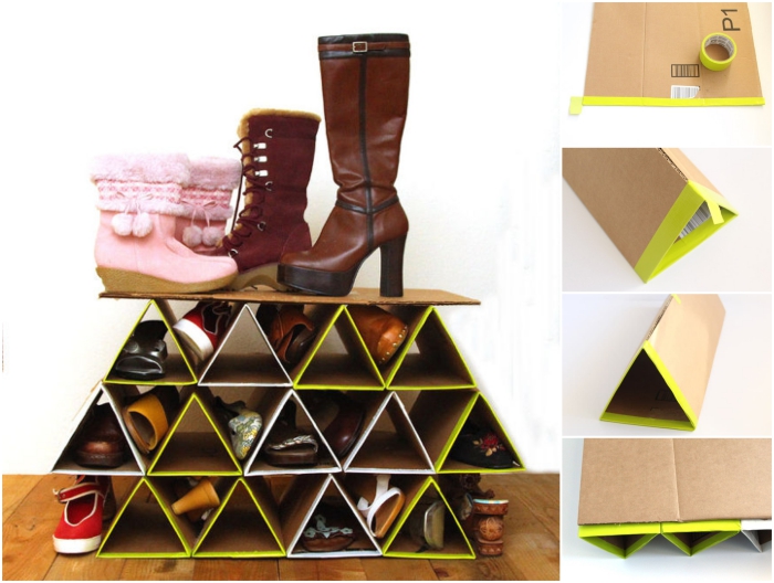 une étagère à chaussures diy fabriquée à partir du carton récupéré, aux accents jaune fluo et au design géométrique 