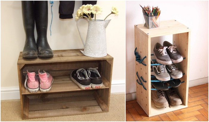 idée de petit meuble pour chaussure en bois récup, des astuces gain de place pour l'entrée