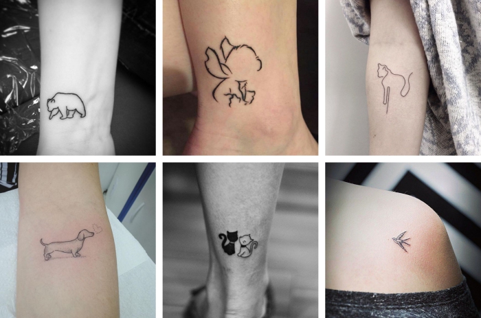 différents modèles de mini tattoo sur le thème animaux, dessin de couple de chats amoureux tatoué sur la cheville