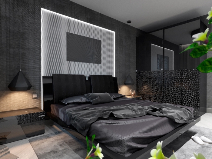 association de couleur gris souris avec noir et blanc dans une chambre adulte moderne aux murs foncés et plancher clair